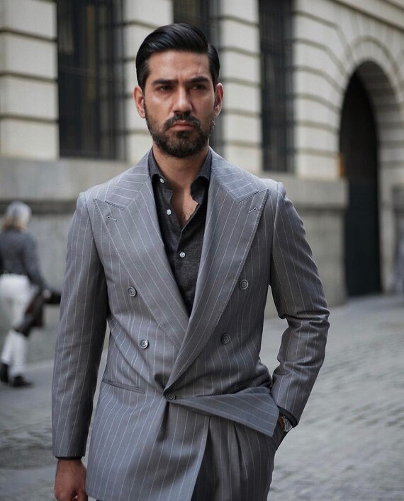 Grey pinstripe double breasted suit cheap