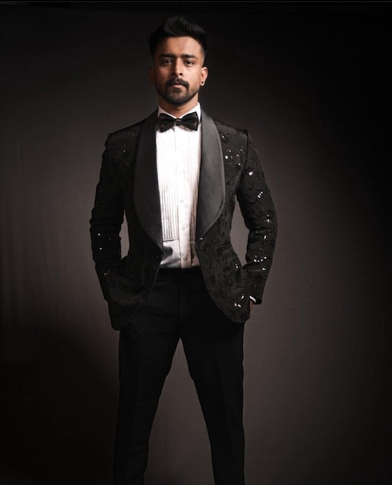 Black Floral Sequin Embroidered Tuxedo Jacket Etsy Canada
