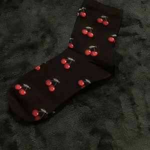 Cherry socks, cherry accessories, novelty socks, Fruit socks, Cherries, Ankle Socks, Clothing, Black Socks, novelty socks