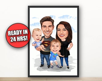 May include: A framed cartoon portrait of a family of four, with exaggerated features. The father holds a baby, and the other child stands in front. The text "READY IN 24 HRS!" is in a red circle.