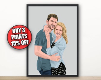 May include: A digital illustration of a couple, a man and a woman, embracing. The man is wearing a blue t-shirt and jeans. The woman is wearing a light blue shirt over a black and white striped dress. The background is a light gray.