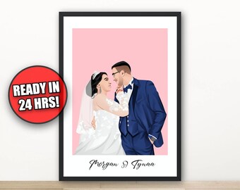 May include: A framed illustration of a wedding couple, the bride in a white dress and the groom in a blue suit, with the text "Morgan & Tynaa" below them.