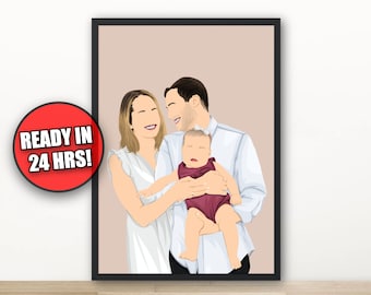May include: A digital illustration of a family portrait. A man and woman are smiling and holding a baby. The background is a light brown color.