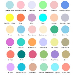May include: A chart of 30 different pastel colors, each color is represented by a circle with the color name written below it.