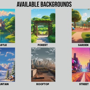 May include: Six different cartoon backgrounds for use in digital art or design. The backgrounds include a castle, forest, garden, mountain, rooftop, and street.