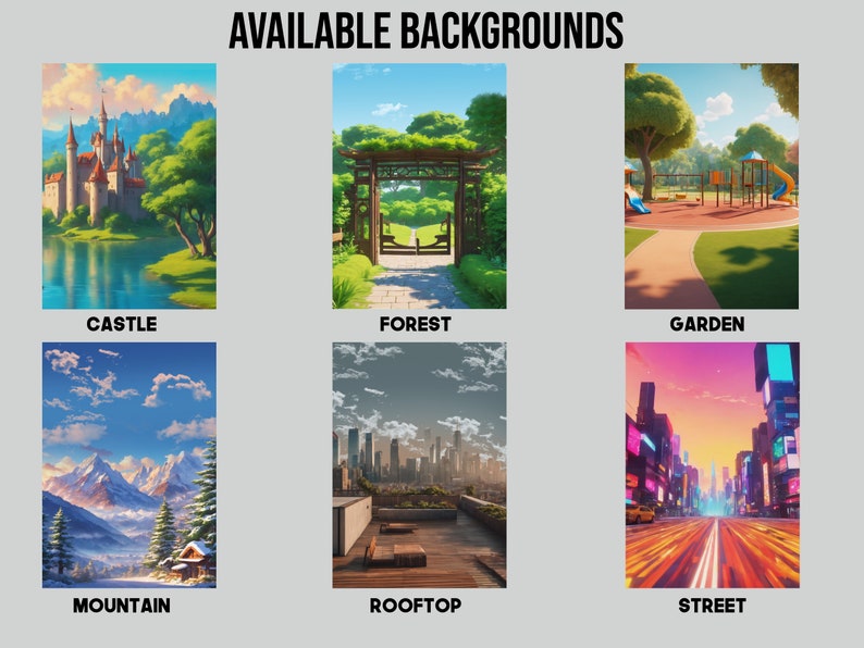 May include: Six different cartoon backgrounds for use in digital art or design. The backgrounds include a castle, forest, garden, mountain, rooftop, and street.