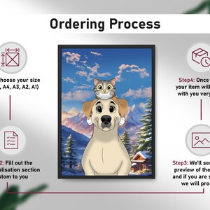 May include: A digital illustration of a dog and cat in a wintery landscape. The dog is a light brown Labrador Retriever with a cat sitting on its head. The cat is gray and white with green eyes. The background is a snowy mountain scene with a small cabin in the distance.