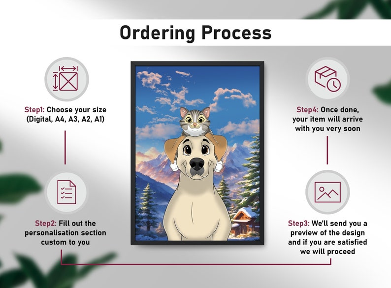 May include: A digital illustration of a dog and cat in a wintery landscape. The dog is a light brown Labrador Retriever with a cat sitting on its head. The cat is gray and white with green eyes. The background is a snowy mountain scene with a small cabin in the distance.