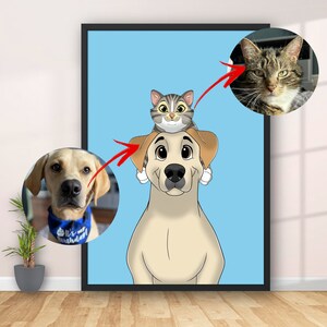May include: A cartoon illustration of a yellow Labrador Retriever with a tabby cat sitting on its head. The dog is looking at the viewer with a friendly expression. The cat is looking to the right. The background is a light blue color.