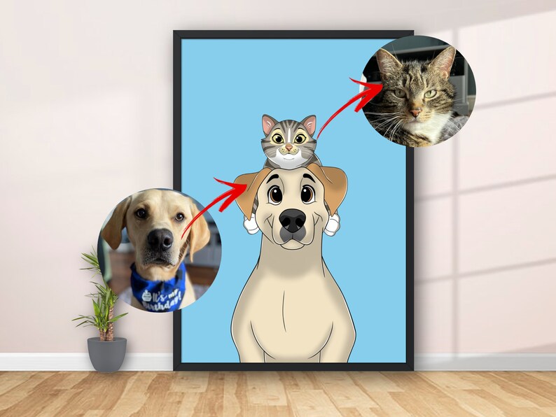 May include: A cartoon illustration of a yellow Labrador Retriever with a tabby cat sitting on its head. The dog is looking at the viewer with a friendly expression. The cat is looking to the right. The background is a light blue color.