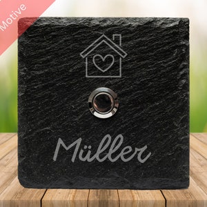 Personalized slate doorbell sign – stainless steel button – house motif