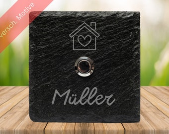 Personalized slate doorbell sign – stainless steel button – house motif