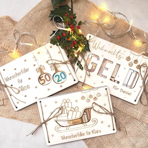 Geldgeschenk für Weihnachten – personalisierte Grußkarte aus Holz – Wunscherfüller Weihnachtskarte – individuelle Geschenkverpackung Motiv 1