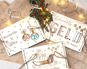 Geldgeschenk für Weihnachten – personalisierte Grußkarte aus Holz – Wunscherfüller Weihnachtskarte – individuelle Geschenkverpackung Motiv 1
