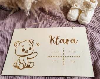 Personalisierte Geburtstafel aus Holz – Name und Geburtsdaten – Geschenk zu Geburt - Motiv Teddy Pappel