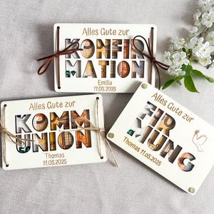 Kommunion Geldgeschenk Karte aus Holz – Geschenk zur Konfirmation und Firmung – Personalisiert mit Name und Datum – kreatives Geschenk –Text