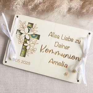 Personalisierte Kommunion Geldgeschenk Karte – Geschenk zur Konfirmation und Firmung - Kreuz Motiv Lasergraviert aus Holz