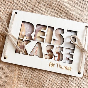 Geldgeschenk Urlaub Karte aus Holz – Geschenk Reise – Grußkarte Personalisiert Laser graviert mit Name – Urlaubskasse – Motiv Reisekasse