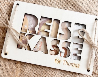 Geldgeschenk Urlaub Karte aus Holz – Geschenk Reise – Grußkarte Personalisiert Laser graviert mit Name – Urlaubskasse – Motiv Reisekasse