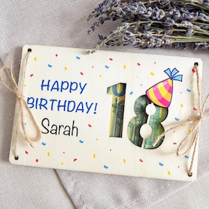Personalisierte Geldgeschenk Karte zum 18. Geburtstag - Geschenk zum Geburtstag – Holzkarte mit Name - personalisierte Karte - Bunt 2