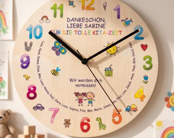Personalisierte Wanduhr Erzieher Abschiedsgeschenk Kita | Kita Abschied Geschenk mit Kindernamen | Dankeschön Erzieherin Uhr aus Holz