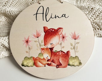 Name plate children's room made of wood personalized - door sign - gift for birth - motif forest animals deer 1