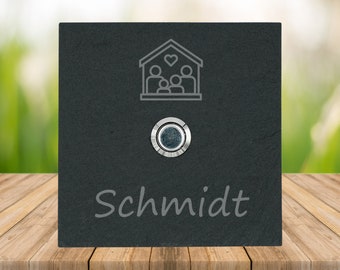 Personalisiertes Schiefer Klingelschild – Edelstahltaster – Motiv Haus