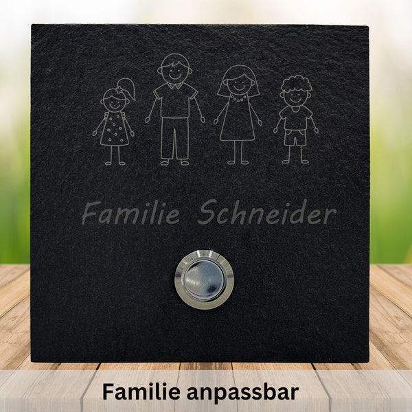 Personalisiertes Schiefer Klingelschild Familie Icons – Edelstahltaster - Anpassbar