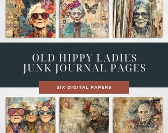 Hippie Old Lady Junk Journal Pages, Groovy Grandma's Junk Journal digitaal papier, Boho Hippie Esthetiek, Vintage Scrapbookkunst