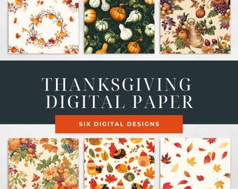 Patrones digitales de Acción de Gracias, papel con temática de otoño, imprimible de otoño, diseño de cosecha, fondo sin costuras, patrón de calabaza, manualidad de Acción de Gracias