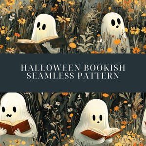 Halloween Bookish Seamless Pattern, Ghost with Wildflowers, Halloween Digital Download, Boho Halloween Background, Digital Art