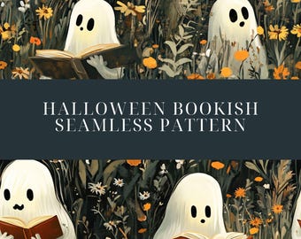 Modello senza cuciture di Halloween Bookish, fantasma con fiori di campo, download digitale di Halloween, sfondo di Halloween Boho, arte digitale