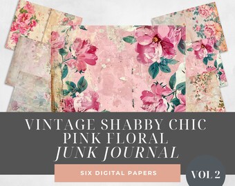 Shabby Chic Pink Floral Junk Journal Digital Paper, Floral 6 Digital Papers, Paper Craft, Collage Sheets, Digital Downloads, Journal Pages