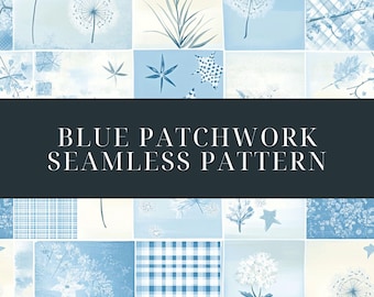 Serene Blau Patchwork nahtlose Muster, Vintage Blumenmuster für Stoff, Tapete & DIY Handwerk, digitaler Download
