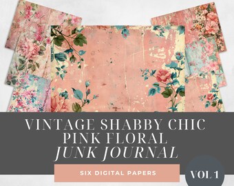 Shabby Chic Pink Floral Junk Journal Digital Paper, Floral 6 Digital Papers, Paper Craft, Collage Sheets, Digital Downloads, Journal Pages