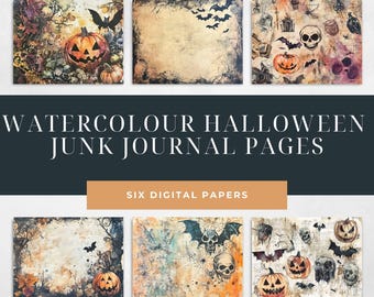 May include: Six digital watercolor Halloween junk journal pages. Each page features a unique design with pumpkins, bats, skulls, and vintage textures. The pages have a dark, spooky aesthetic, perfect for crafting.