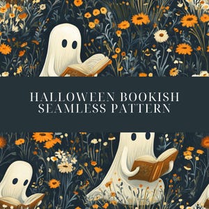 Halloween Bookish Seamless Pattern, Floral Ghost Pattern, Halloween Digital Download, Boho Halloween Background, Digital Art