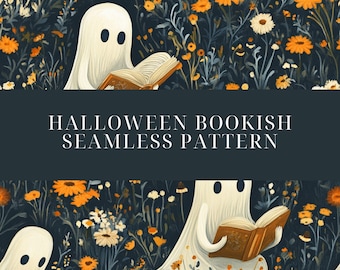 Modello senza cuciture di Halloween Bookish, modello di fantasma floreale, download digitale di Halloween, sfondo di Halloween Boho, arte digitale