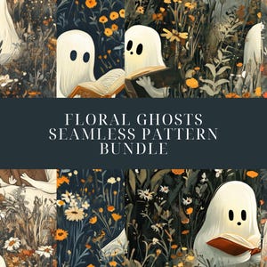 Floral Ghosts Seamless Pattern, Ghost with Wildflowers, Halloween Digital Download, Boho Halloween Bookish Background, Digital Art