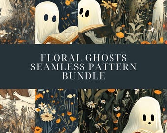 Motivo senza soluzione di continuità con fantasmi floreali, fantasma con fiori di campo, download digitale di Halloween, sfondo boho di Halloween, arte digitale