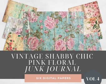 Shabby Chic Pink Floral Junk Journal Digital Paper, Floral 6 Digital Papers, Paper Craft, Collage Sheets, Digital Downloads, Journal Pages