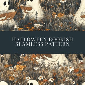 Halloween Bookish Seamless Pattern, Ghost with Wildflowers, Halloween Digital Download, Boho Halloween Background, Digital Art