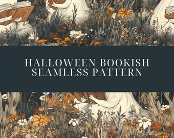 Modello senza cuciture di Halloween Bookish, fantasma con fiori di campo, download digitale di Halloween, sfondo di Halloween Boho, arte digitale