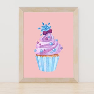 Cupcake wall art, girl&#39;s bedroom decor, pastel cupcake poster, watercolour dessert wall art, dessert printable, digital download