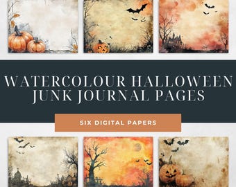 May include: Six digital papers featuring watercolor illustrations of pumpkins, bats, and spooky houses on a vintage background. The papers are perfect for junk journaling, scrapbooking, or card making.
