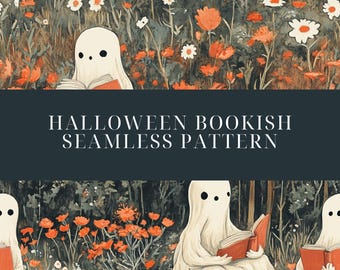Motivo fantasma floreale senza soluzione di continuità, motivo fantasma di Halloween, download digitale di Halloween, sfondo boho di Halloween, arte digitale