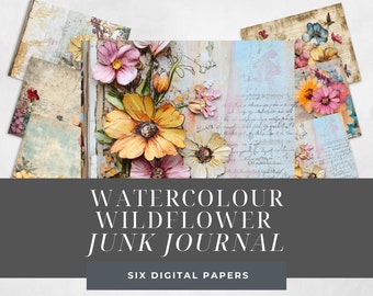 Watercolor Wildflowers, Junk Journal, Printable Page, Flowers Junk Journal Kit, Junk Journal Paper, Digital Collage Sheet, Instant Download