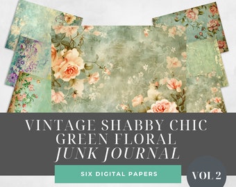 Shabby chique groene bloemen ongewenste dagboek digitaal papier, bloemen 6 digitale papiersoorten, Paper Craft, collagevellen, digitale downloads, dagboekpagina's