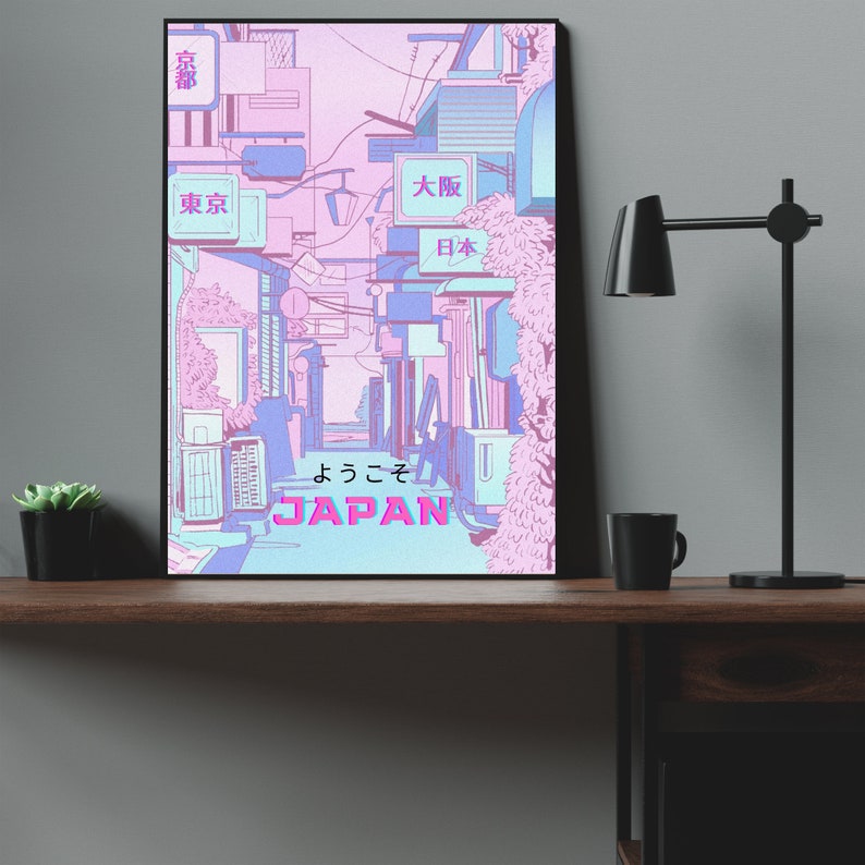 May include: A digital illustration of a Japanese street scene with pink and blue buildings and signs. The text on the signs reads "Tokyo", "Osaka", "Japan", and "Welcome".