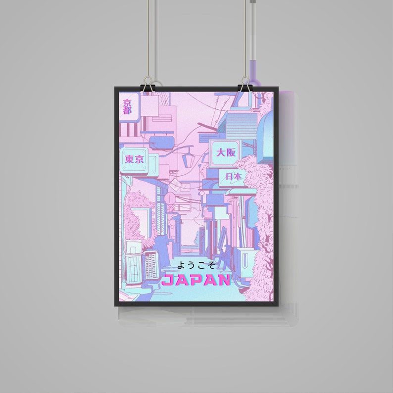 May include: A digital illustration of a Japanese street scene in pink and blue hues. The image features a narrow alleyway with buildings on either side, and signs in Japanese that read "Tokyo", "Osaka", and "Japan". The text "Yoko so" is also visible in the image.